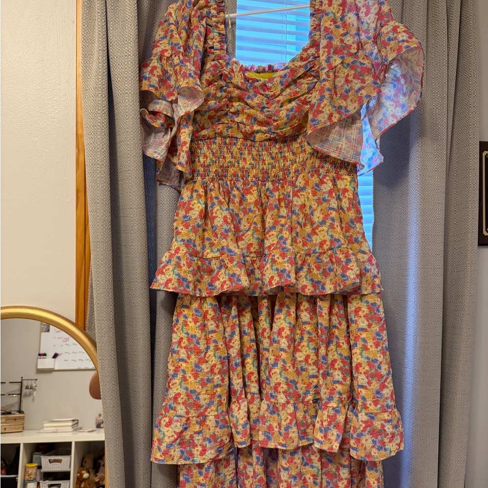 Free the Roses Yellow Multi Floral Midi Dress with Ruffle Tiers